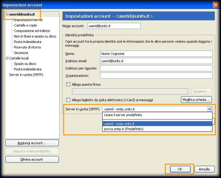 d/m/y H:i 9/14 Configurare il client Mozilla Thunderbird 7. 8. 9. Selezionare nella colonna di sinistra userid@units.it Nel menu a tendina Server in uscita (SMTP) selezionare il server appena creato.