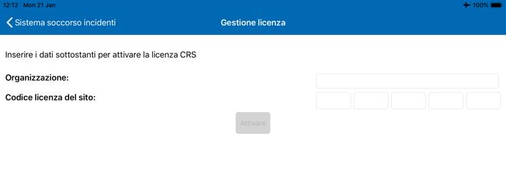 Gestione licenza > Attivazione offline > Licenza Site Se l utente desidera attivare il Sistema soccorso incidenti con una Licenza Site, viene visualizzata la schermata seguente.