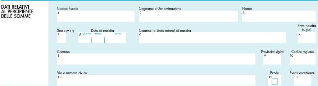 punti da 1 a 13: indicare il codice fiscale, i dati anagrafici ed il domicilio fiscale del percipiente.