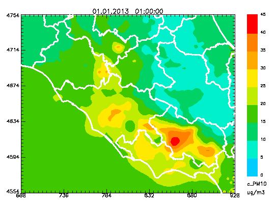 Pagina 33 di 61 6.1 Distribuzione spaziale della concentrazione di PM10 Di seguito è riportata la mappa di concentrazione annua del 2013 di PM 10 nei 2 domini di simulazione.