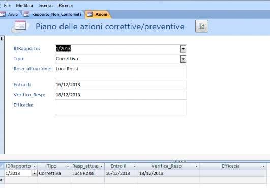 Una volta registrata la Non Conformità l utente può inserire le azioni correttivepreventive, richiamando il codice della