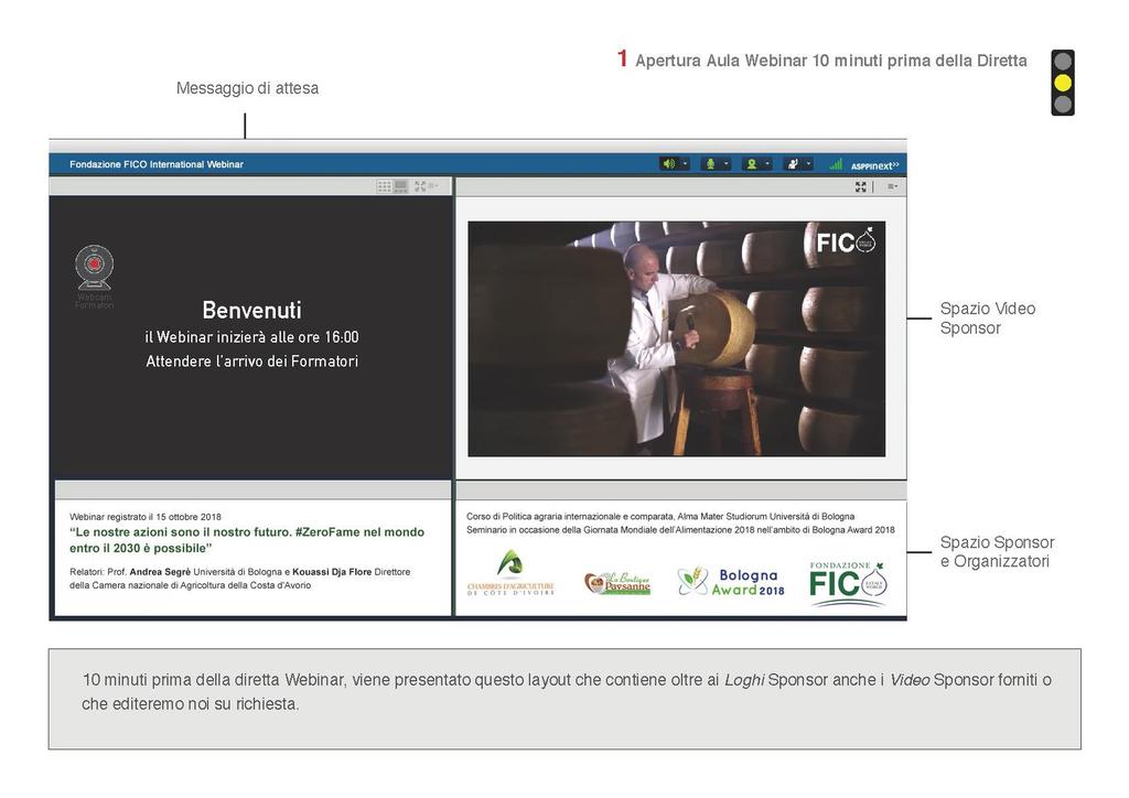 IL FUNZIONAMENTO DEL WEBINAR Dopo aver effettuato il collegamento, compare la videata di apertura dell Aula Webinar (vedi a fianco), semaforo giallo.