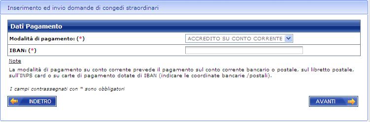 Se l utente seleziona la modalità di pagamento Accredito su conto corrente, il sistema richiede l inserimento obbligatorio del codice IBAN come illustrato nella figura