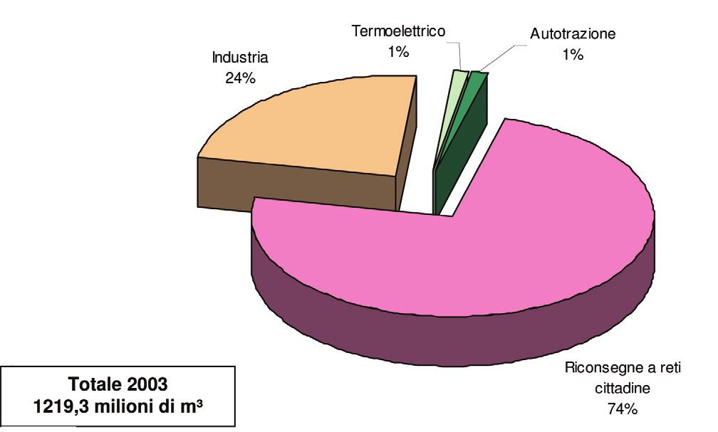 Gas metano Il volume annuale suddiviso per settore è stato ottenuto sommando i consumi registrati ai punti di riconsegna direttamente allacciati alla rete Snam Rete Gas.