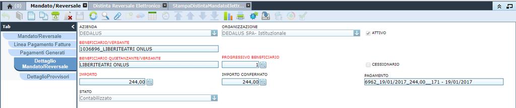 La reversale avrà lo stato Contabilizzato, visibile nella maschera