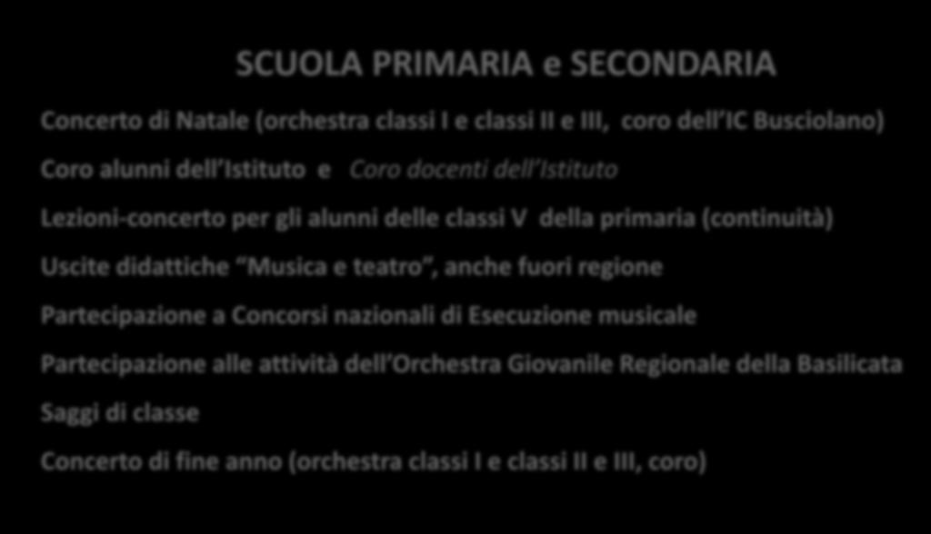 MOF Progetti e attività laboratoriali di strumento musicale e coro (ritorno all obiettivo di esito 2 del RAV) SCUOLA PRIMARIA e SECONDARIA Concerto di Natale (orchestra classi I e classi II e III,