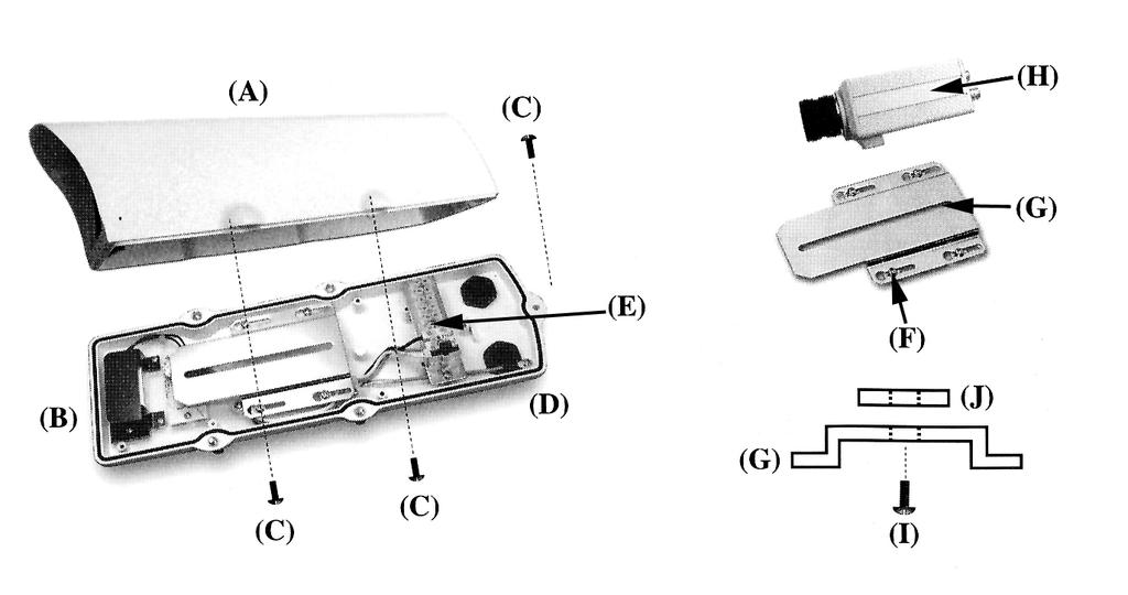 4 - Supporto metallico per il fissaggio del gruppo telecamera-obiettivo, vedere le dimensioni interne utili.