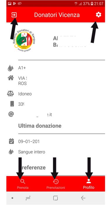 PROFILO DEL DONATORE Nell immagine qui a sinistra, a cui si arriva premendo semplicemente in basso a sinistra sull opzione Profilo, vengono riportati i dati del donatore, in particolare: - dati