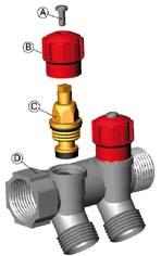 B) Control handle made in alluminium press-fusion available in red and blue color. C) Stuffing box for pivot made in brass UNI EN 12164 CW614N.