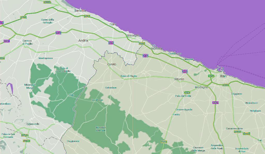 Francia; Continua su SP238 direzione Corato per 6 km, proseguire per SP 231 direzione Bari per 4 km, svoltare per SP 238 direzione Corato-Gravina e proseguire per 10 km.