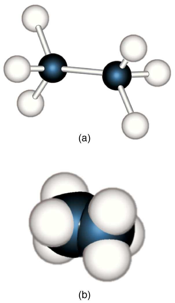 Molecola dell etano, C 2 H 6 a) Modello a palline e bastoncini; b) Modello a riempimento di