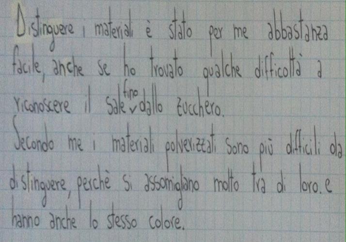 Esempi di verbalizzazione delle osservazioni effettuate sulle tre polveri ad occhio nudo e con la lente dopo averle macinate con il mortaio (in alto quaderno di Emma ; a fianco quaderno di Anita M.