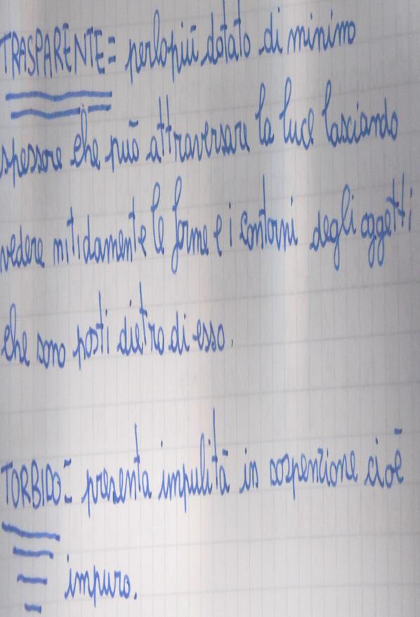 solubilizzazione) Al termine della discussione collettiva gli alunni forniscono la seguente definizione di SCIOGLIERSI: «quando l acqua rimane limpida e trasparente e la sostanza non si vede più»