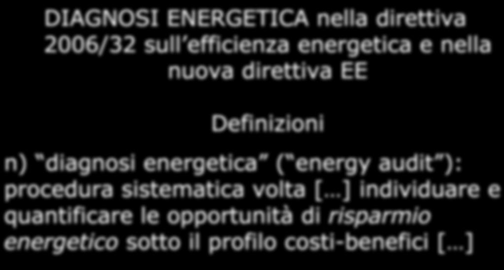 Direttiva 32/06 e 20/20/20 DIAGNOSI ENERGETICA nella direttiva 2006/32 sull efficienza energetica e nella nuova direttiva EE Definizioni n) diagnosi