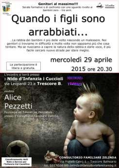 mercoledì 29 aprile 2015 ore 20.30 Quando i figli sono arrabbiati......la rabbia dei bambini il più delle volte nasconde un malessere.