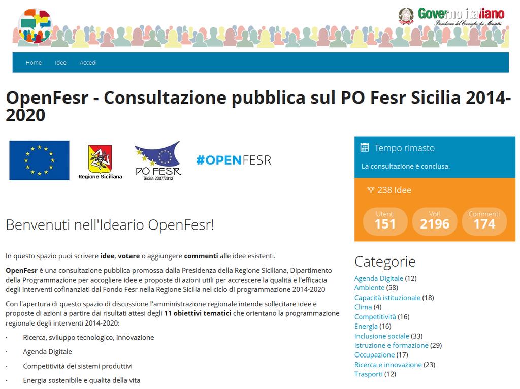 Ideario OpenFesr L utente può: inserire nuove idee; votare e commentare quelle inserite Le idee sono: classificate e aggregate sulla base