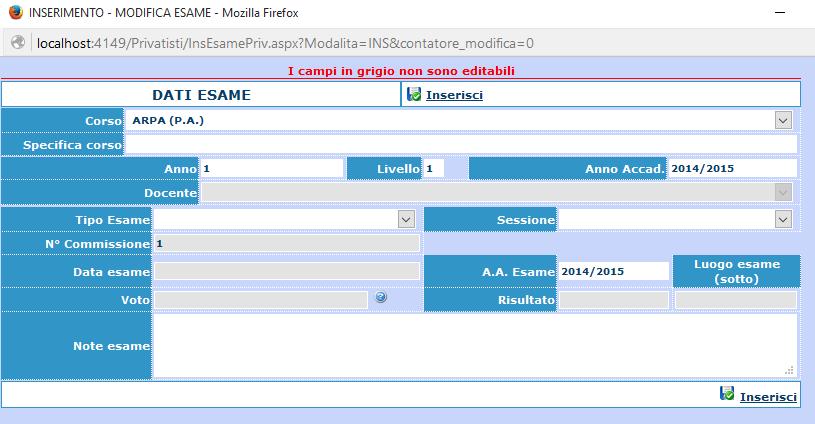 Ovviamente la parte di esami da sostenere sarà vuota mentre la sezione sottostante gli eventuali esami sostenuti quali privatisti e registrati dall Istituzioni in richieste precedenti.