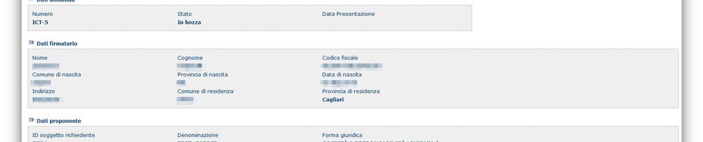 FIRMATARIO: la scheda consente di specificare il firmatario della domanda DOCUMENTI: sezione per il caricamento della documentazione