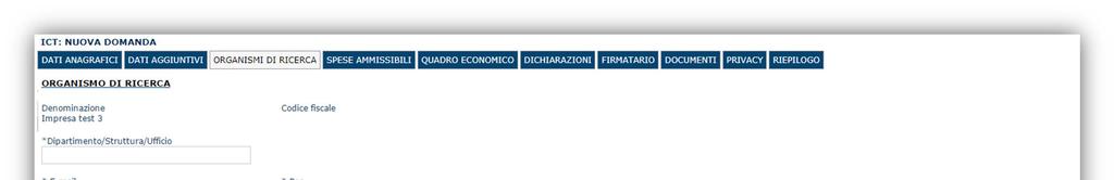 Selezionando l icona il sistema consentirà di inserire i dati inerenti all organismo di ricerca selezionato.