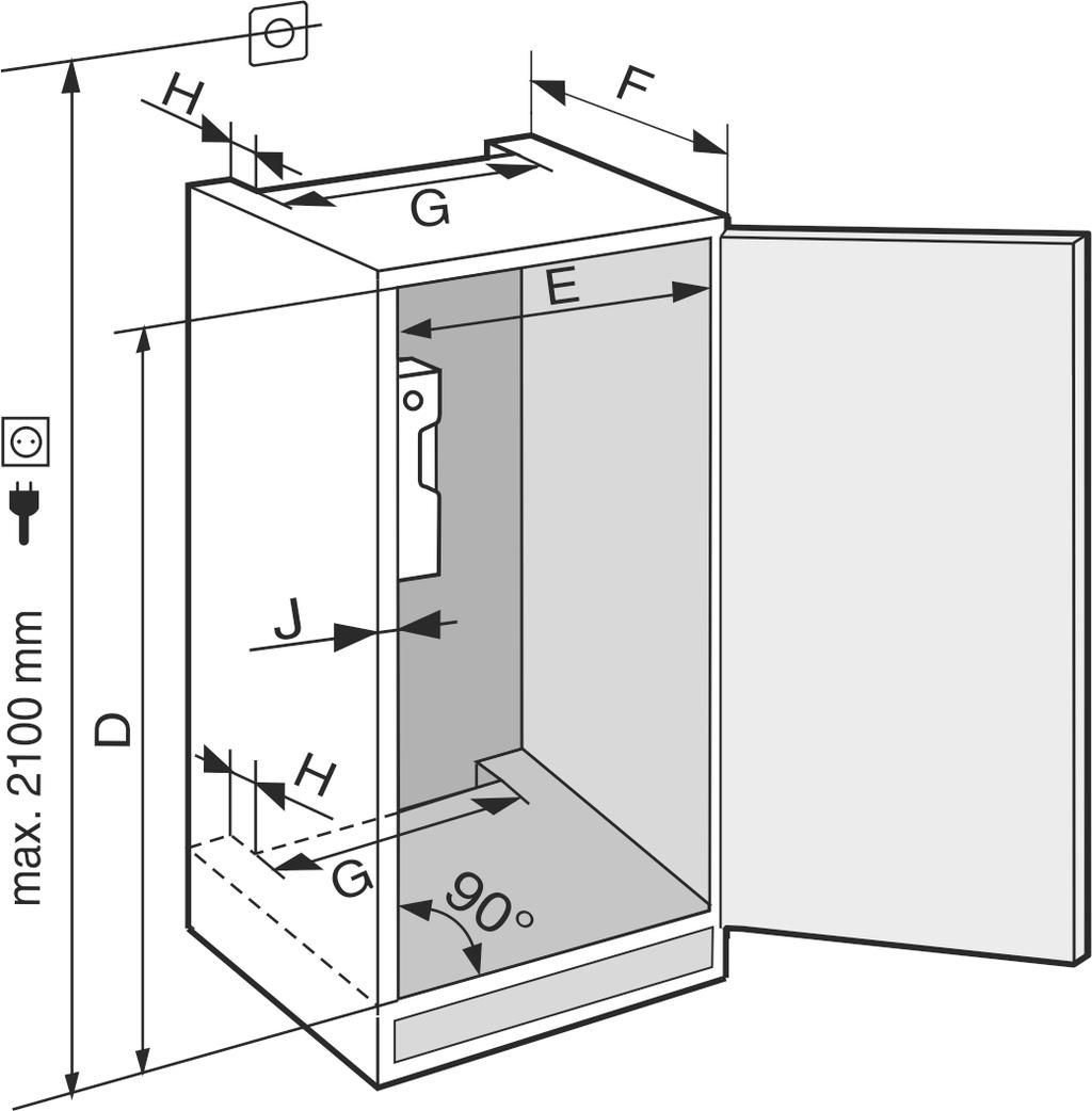 Dimensioni dell'apparecchio q Il locale in cui viene installato l'apparecchio deve avere ai sensi della norma EN 378 un volume di 1 m 3 per ogni8 g di refrigerante R 600.