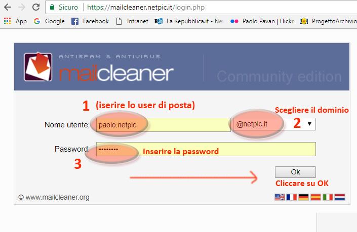 Accesso al sistema MailCleaner Al primo accesso vi si presenta un ambiente con quattro grandi sezioni, a fondo nero, se selezionate diventano a fondo