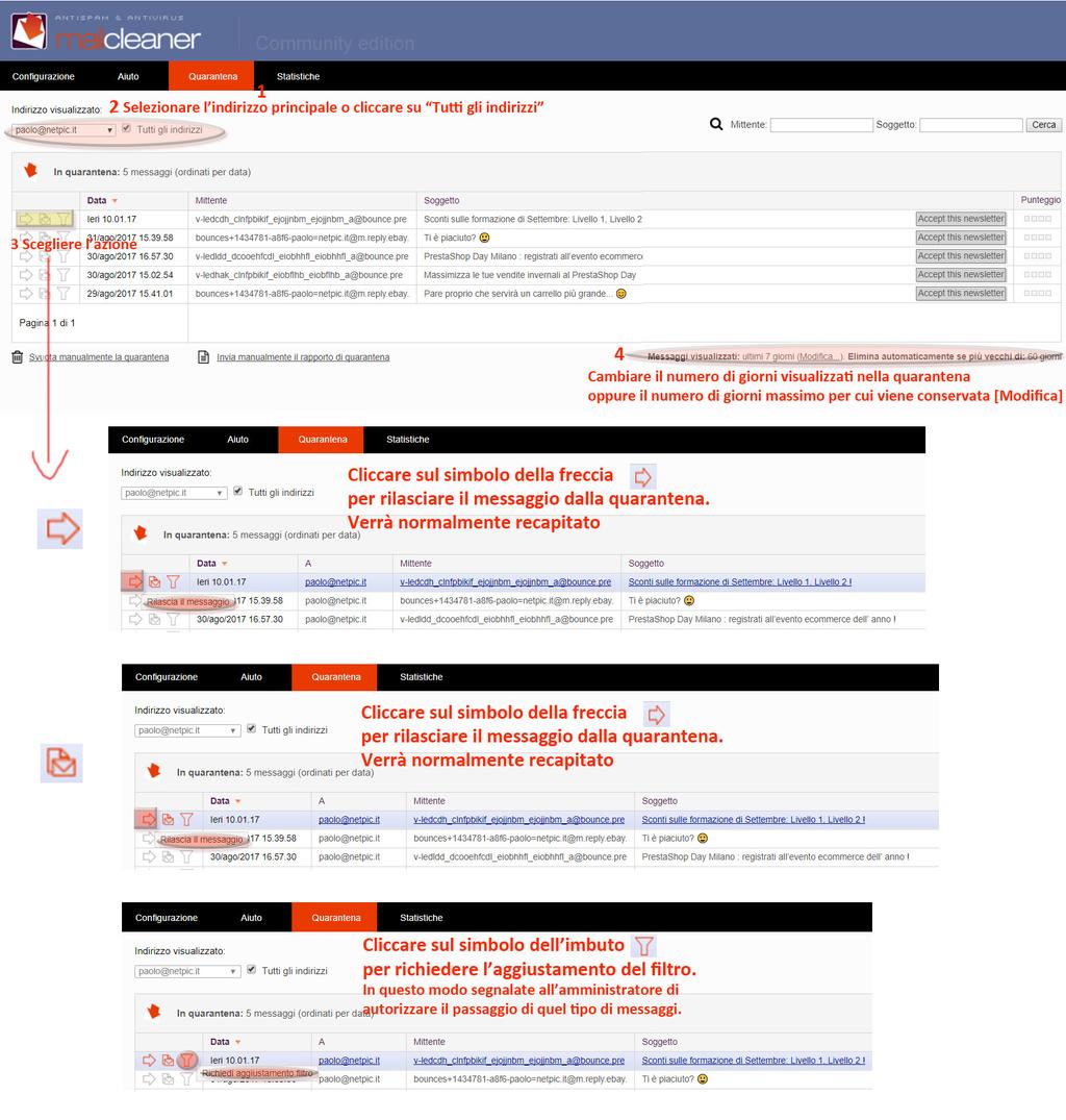 Visualizzazione del contenuto della quarantena (spam ricevuto e marcato come tale) Consente di visualizzare ed eventualmente rilasciare, al