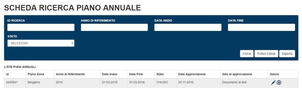 Se non viene impostato alcun filtro, il sistema restituisce tutti i piani annuali creati. Cliccare su per visualizzare il dettaglio del piano annuale (vedi Figura 26).