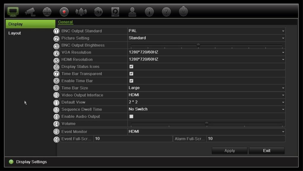 Capitolo 9: Impostazioni di visualizzazione Figura 21: Finestra Impostazioni di visualizzazione Tabella 10: Descrizione della finestra di configurazione della visualizzazione Opzione Descrizione 1.