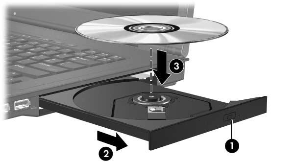 Unità ottiche (solo su alcuni modelli) Inserimento di un disco ottico 1. Accendere il computer. 2. Premere il pulsante di rilascio 1 sul frontalino dell'unità per aprire il vassoio. 3.