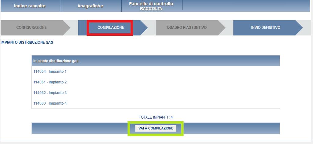 Selezionando il tasto Riepilogo si accede all elenco degli impianti di distribuzione gas gestiti dal distributore alla data 31 dicembre 2018.