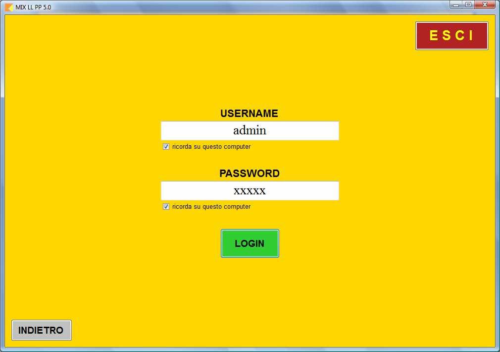 Una volta confermato il percorso del programma verrà mostrata la schermata di login. Il programma prevede un operatore generale il cui username è admin e la cui password di default è pure admin.