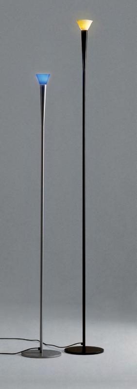 Dimmer MUSINA design: Maurizio Peregalli 1993 Struttura: acciaio inox satinato Diffusore: porcellana bianca - vetro blu o rosso Lampadina: 50 o 100 W