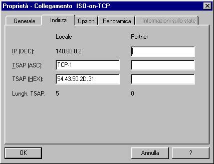 5 Progettazione di collegamenti di comunicazione TSAP di default Per la progettazione degli TSAP locali e remoti esistono valori di default TCP-1 per il primo collegamento tra due partner