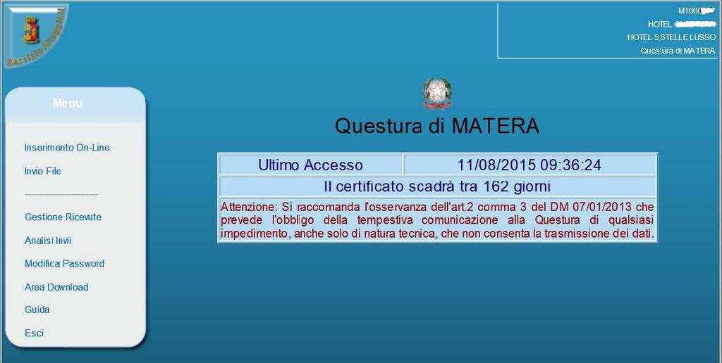 2. Pagina iniziale Fig.2.1: Pagina iniziale Una volta avuto accesso verrà presentata una maschera iniziale con le seguenti informazioni: In alto a destra nome utente denominazione