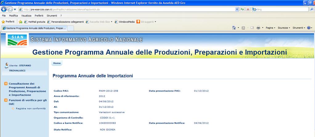 Figura 8: Inserimento nuova Registrazione di non conformità La pagina presenta i dati riepilogativi del Programma Annuale e le informazioni anagrafiche del dichiarante.