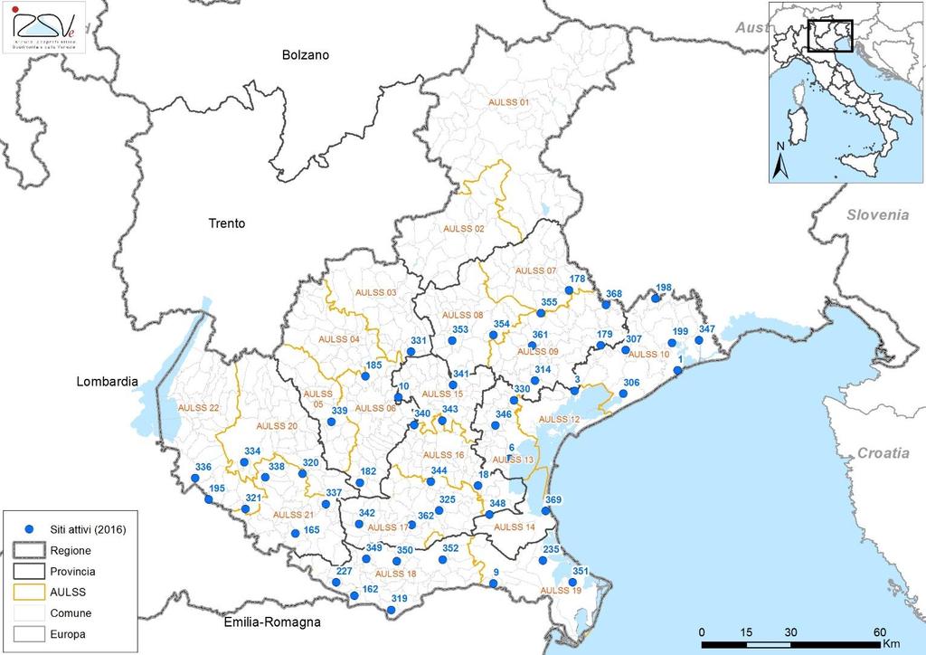Attività di sorveglianza entomologica A partire dal mese di maggio 2016 sono state attivate in Veneto 50 trappole entomologiche per la cattura quindicinale di zanzare (Figura 2 e Tabella 4).