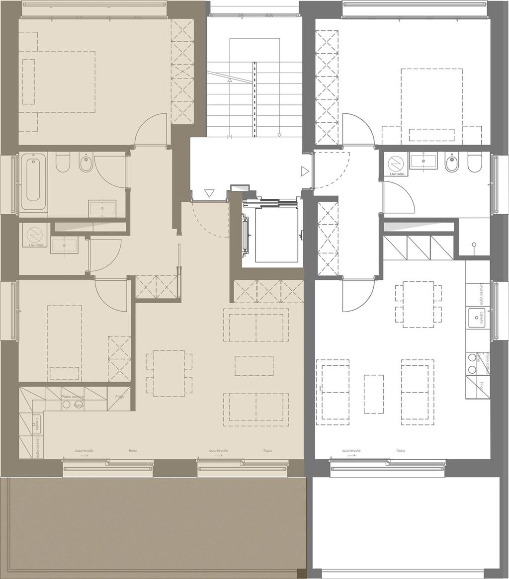 TIPOLOGIA E - TRILOCALE m 2 PONDERAZIONE Appartamento 81 100% Terrazzo 22 50% Superficie vendibile 92 m 2 Posti auto Disponibili La tipologia E è molto simile alla tipologia D.