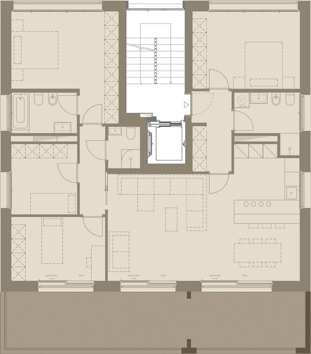 TIPOLOGIA F - PENTALOCALE m 2 PONDERAZIONE Appartamento 147 100% Terrazzo 35 50% Superficie vendibile 164 m 2 Posti auto Disponibili Gli appartamenti della tipologia F sono appartamenti molto ampi