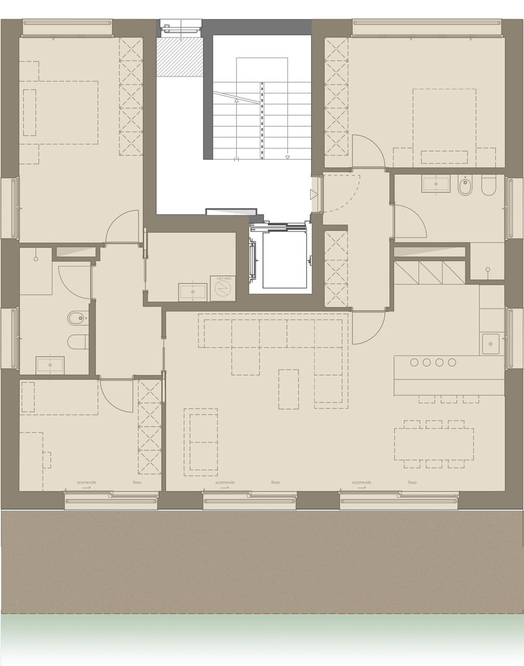 TIPOLOGIA A - QUADRILOCALE m 2 PONDERAZIONE Appartamento 139 100% Terrazzo 35 50% Giardino 151 33% Superficie vendibile 206 m 2 Posti auto