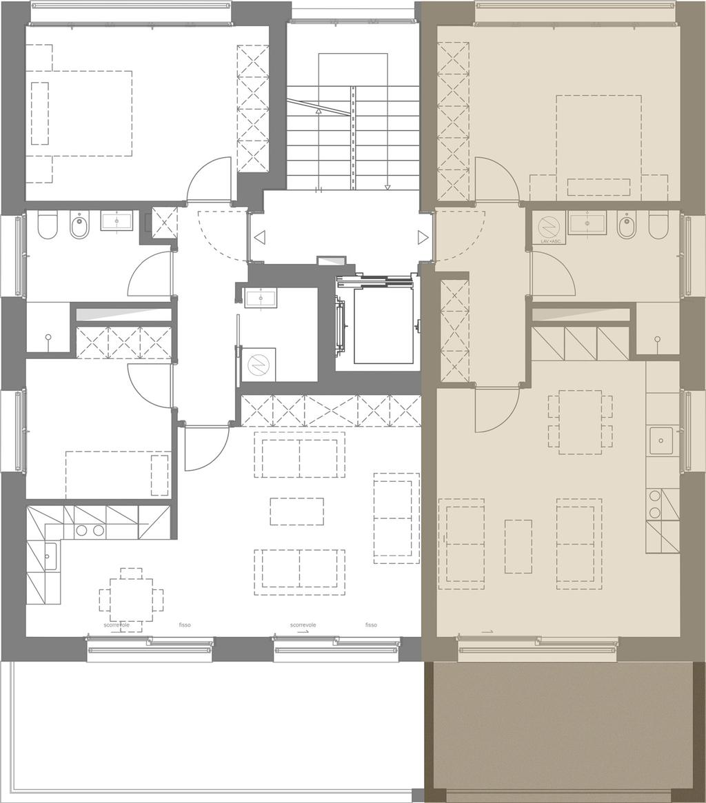 TIPOLOGIA B - BILOCALE m 2 PONDERAZIONE Appartamento 65 100% Terrazzo 14 50% Superficie vendibile 72 m 2 Posti auto Disponibili La tipologia B è l unità abitativa più piccola, pensata