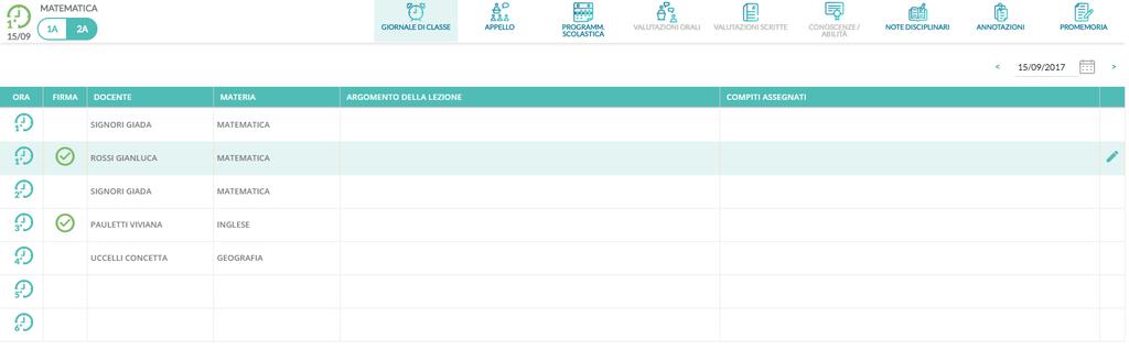 Al click sul pulsante Firma la lezione è firmata e si accede al registro della classe selezionata.