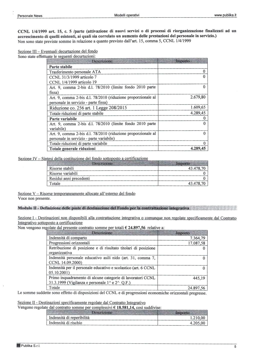 Personale News Modelli operativi www.publikait CCNL 114/1999 art. 15, c.