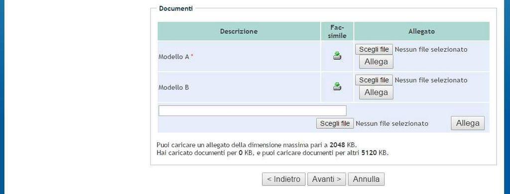 7 - La pagina prospettata, permette il caricamento della documentazione richiesta indicata nell'avviso.