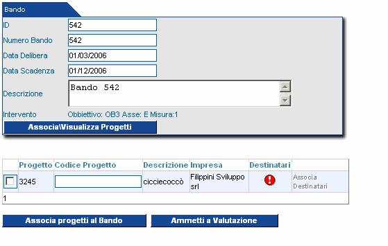 nulla il codice viene settato al valore dell identificativo) e si preme il bottone Associa progetti al bando.