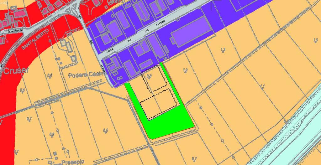 con sopra individuata l area verde, il confine dell intervento in rosso e