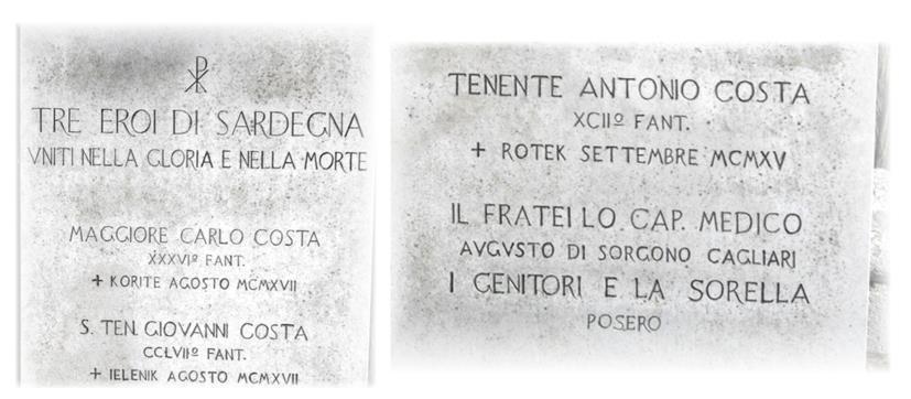 Sepolto nel Sacrario di Oslavia 2. Cossu Ignazio, figlio di Francesco e della Vacca Santina, nato il 26/09/1887 a Curcuris (d.m.