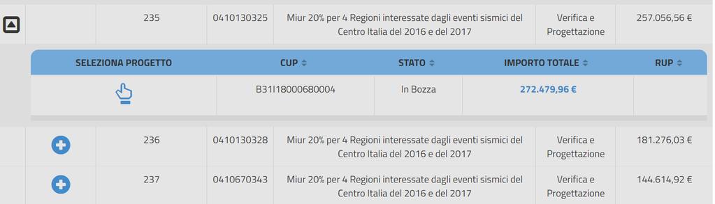 4. Acquisizione Progetto Entrando in Acquisizione Progetto ed utilizzando l icona seleziona progetto possibile visualizzare i dati di dettaglio che caratterizzano il progetto stesso.