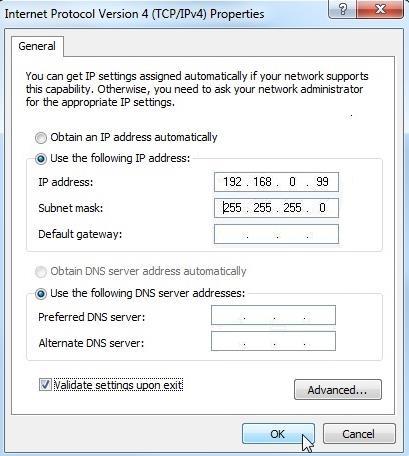 il seguente indirizzo IP IP address (Indirizzo IP): 192.168.0.99 Subnet mask 255.