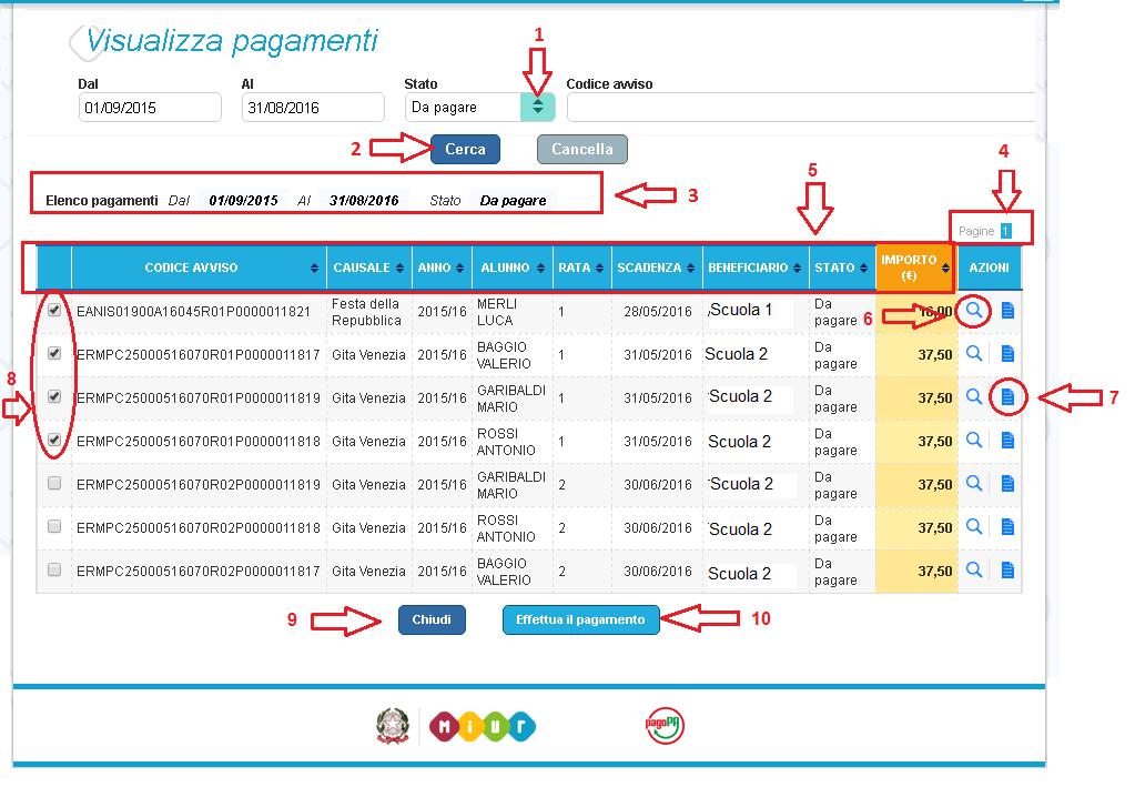 6. Visualizza pagamenti Nella Home Page l utente sceglie Visualizza pagamenti e il sistema PagoInRete apre una pagina che consente di ricercare gli avvisi telematici emessi dalle scuole impostando