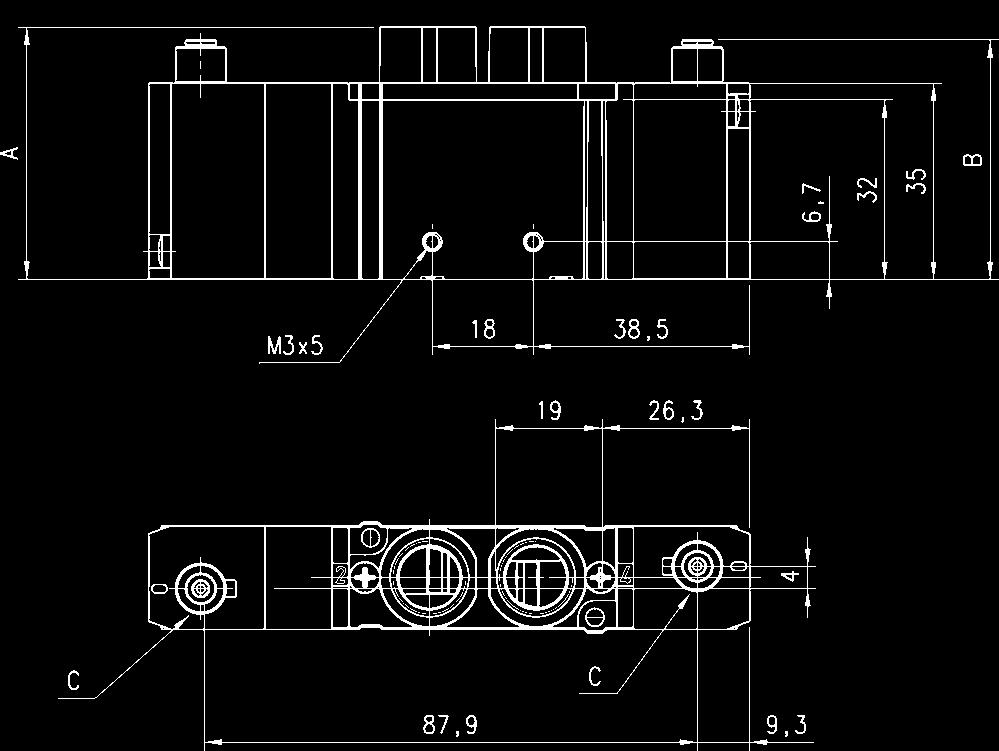 Portata 1 3-5 -4 bar bar Nl/min E551-33 45 4,7 Ø3 G1/4 G1/8 G1/4 1-0,9/7 90 E55K-33